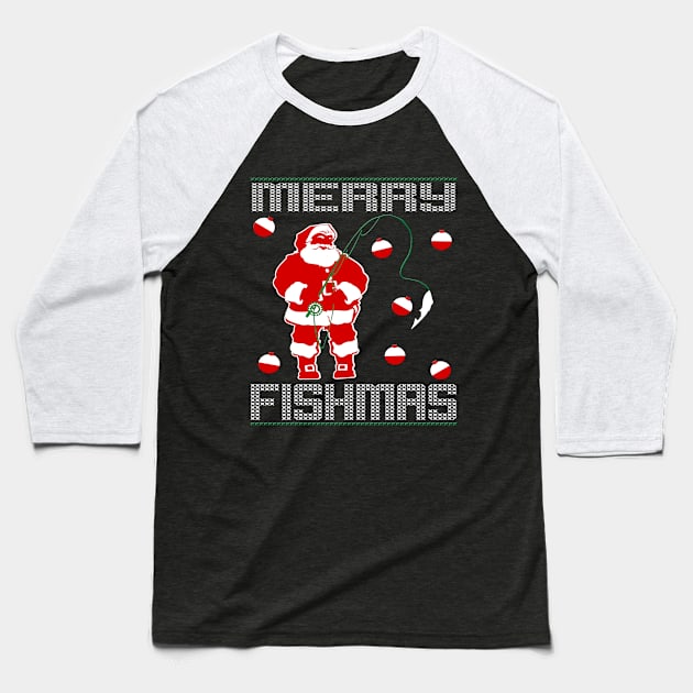 Merry Fishmas Ugly Christmas Baseball T-Shirt by EthosWear